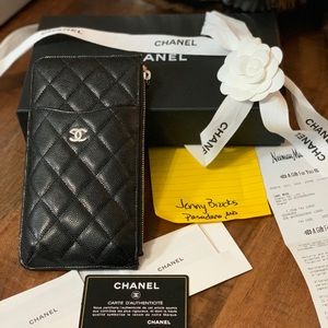 Authentic Chanel Black Caviar Phone & Card Wallet